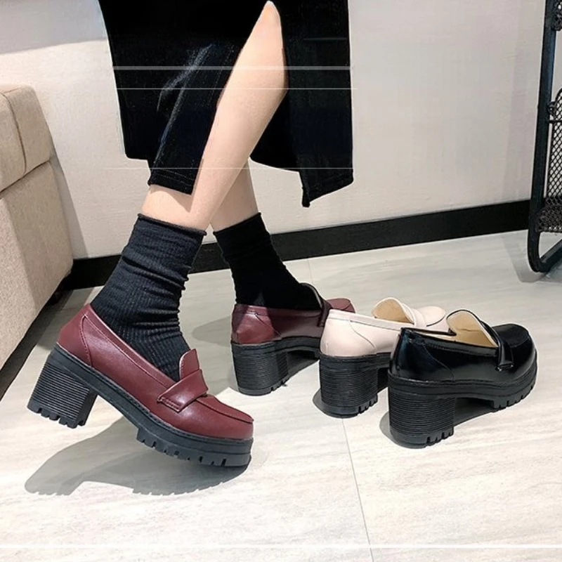 Platform Shoes Woman Heels Spring Fashion PU Leather Round Toe Chunky Casual Walking Pumps Women Mary Janes Zapatos Para Mujer