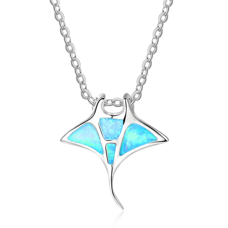 Vintage Silver Color Chain Necklace Fashion Animal Charm Necklace Blue Opal Stingray Pendant Necklaces For Women Wedding Jewelry