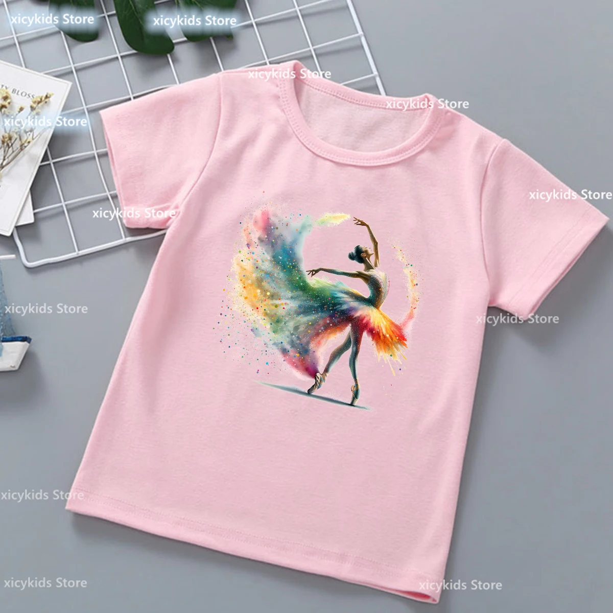 

Newly Girls T-Shirt Ballet Dancer Graphic Print Tshirt Kids Custom Dance Team Clothes Fashion Kawaii Girl Pink Short Sleeved Top