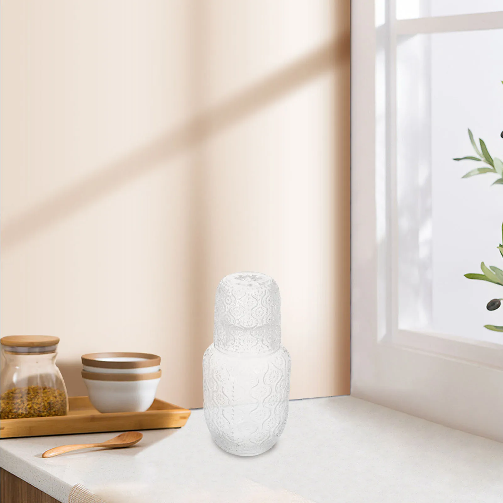 

Embossed Glass Carafe Set 600ml Pitcher 160ml Cup Sunflower Design Nightstand Water Dispenser Bedside Tumbler Glass Cold