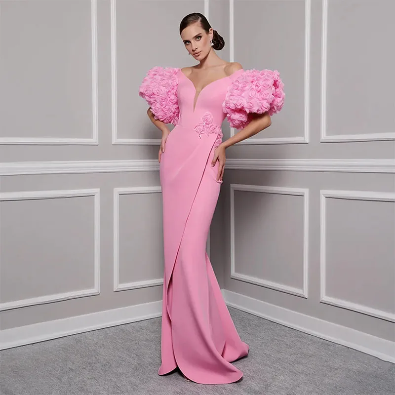 Sexy Pink Mermaid Evening Dresses Short Sleeve Rose Flower Formal Gown V Neck Sweep Train Slit Mermaid Celebrity Dress