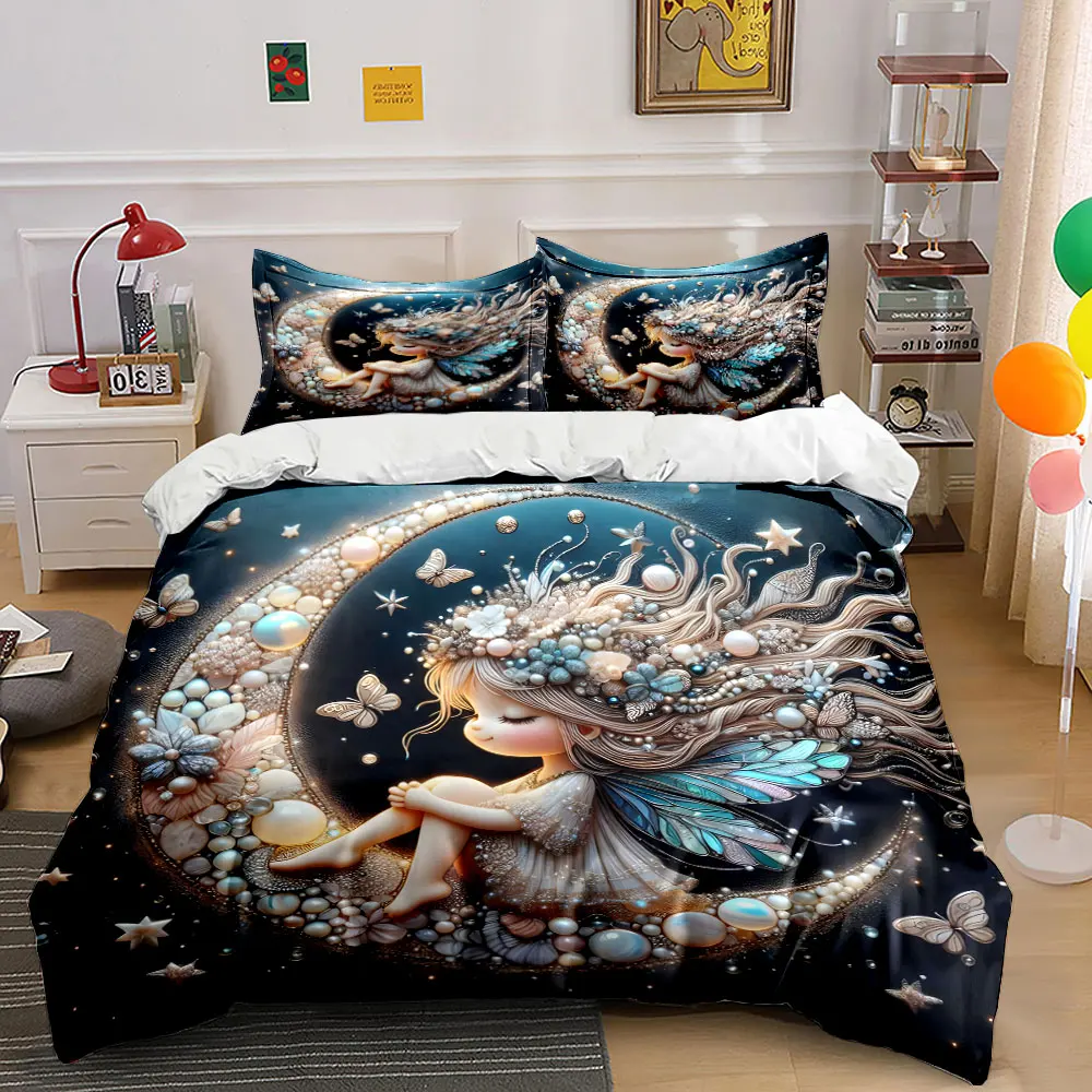 Dreamlike fairy sitting on moon Printed Duvet Cover Set1 Duvet Cover+2 PillowcaseMulti Size Bedroom Bedding Decor Luxury gifts