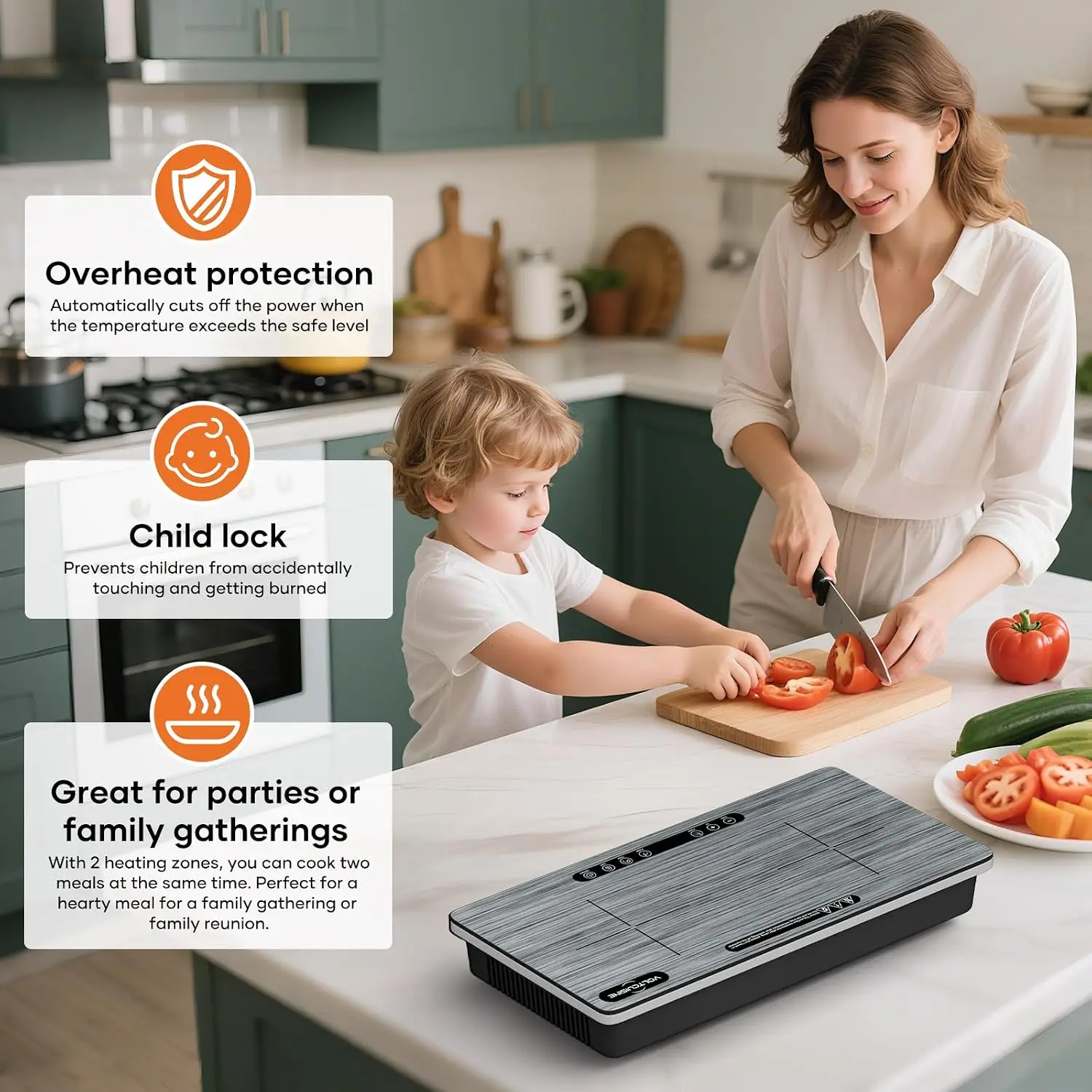 Double Induction Cooktop 1800W with Wood Grain Panel, Dual 900W Burners Portable Electric Stove, Touch Control, 8 Temperature