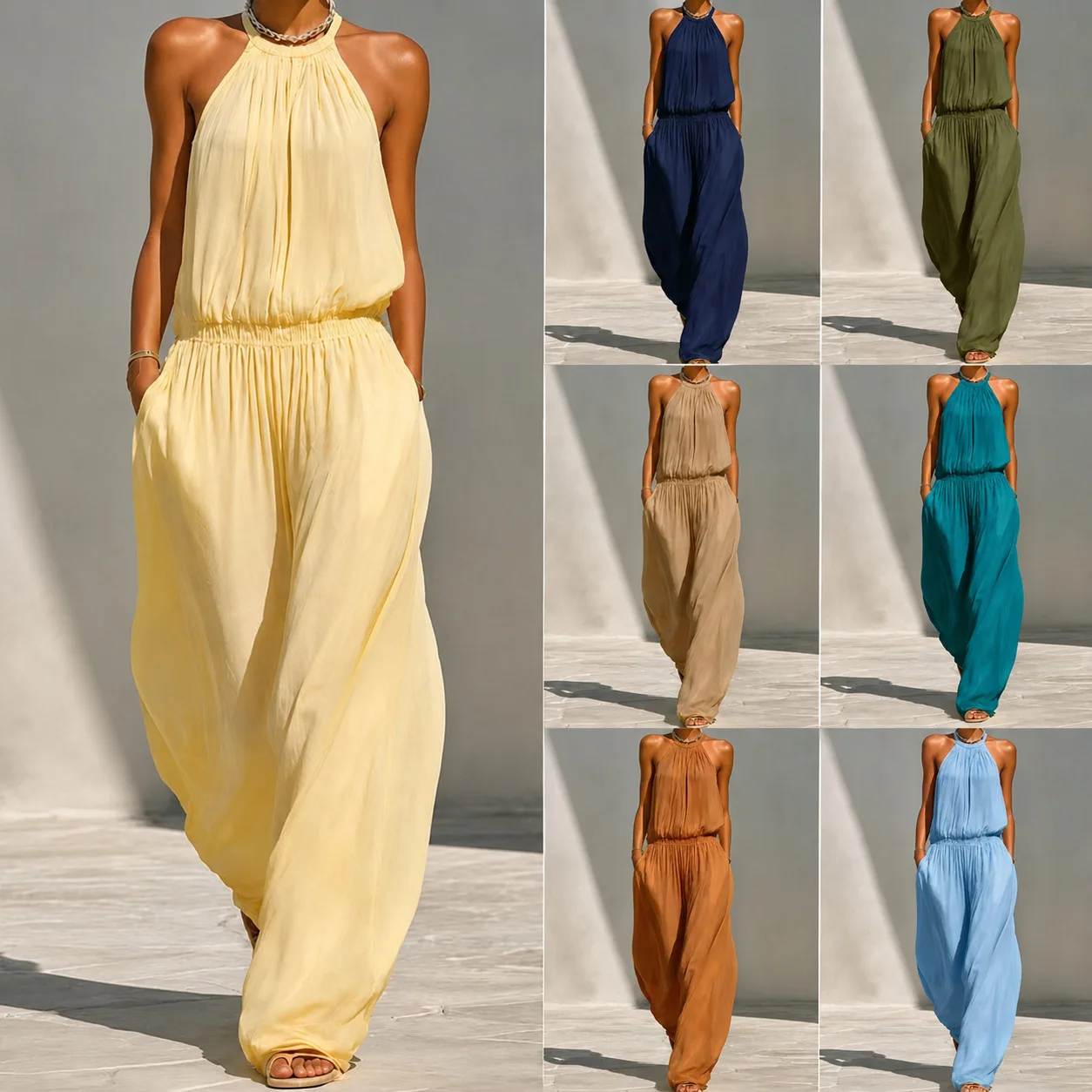 2026 Hot Sale Summer  Cross Border Women's Fashion Halter-Neck Wide-Leg Jumpsuit Resort Style Beachwear Casual One Piece