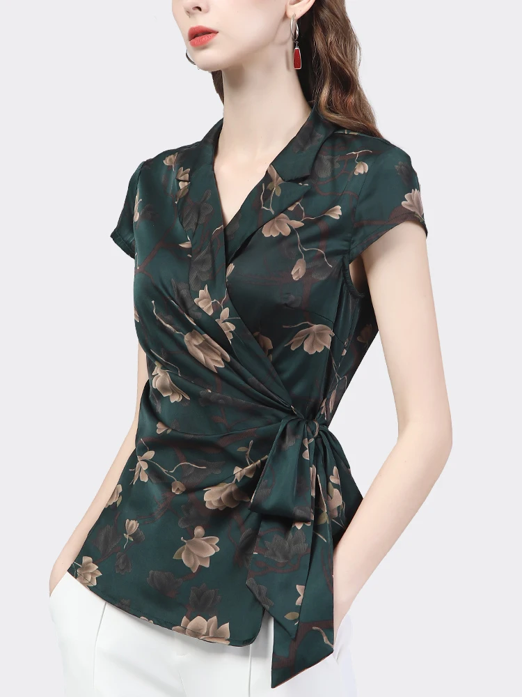 Fashion Women Short Sleeve Floral Printed Satin Blouse Crossed V-Neck Lace-Up Shirt Elegant Vintage Slim Chic Female Summer Tops