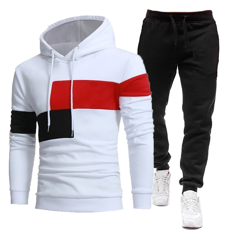 Custom LOGO Men Tracksuit Patchwork Brand Spring Autumn Fleece Hoodies and Pants 2Piece Set Casual Fashion Sport Male Suit