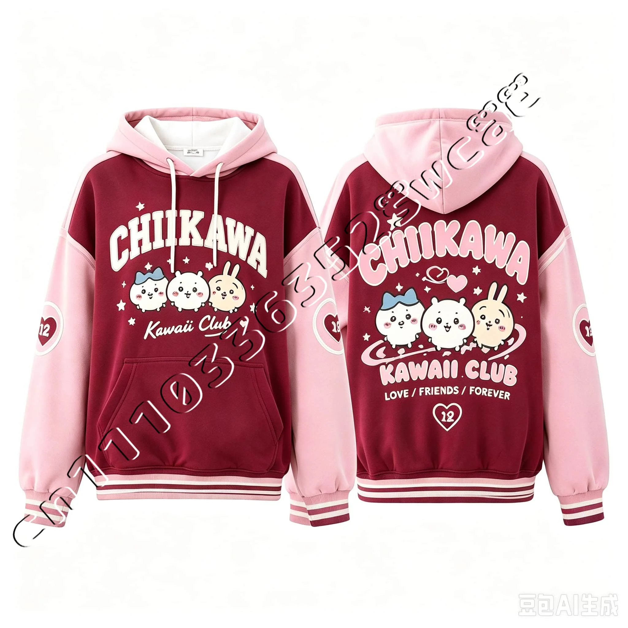 Neuer Chiikawa American Retro Color Block Pullover Hoodie, mehrfarbig, mit niedlichem Cartoon-Print, für Paare und beste Freunde, passend für die ganze Familie – Detail 4