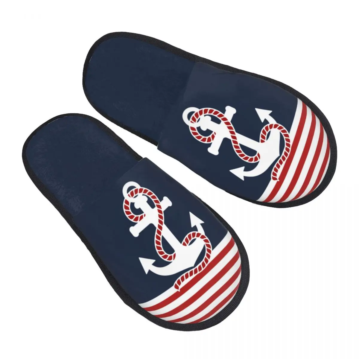 Custom Print Women Nautical Stripes And Red Anchor House Slippers Cozy Warm Memory Foam Fluffy Slipper Indoor Outdoor Shoes