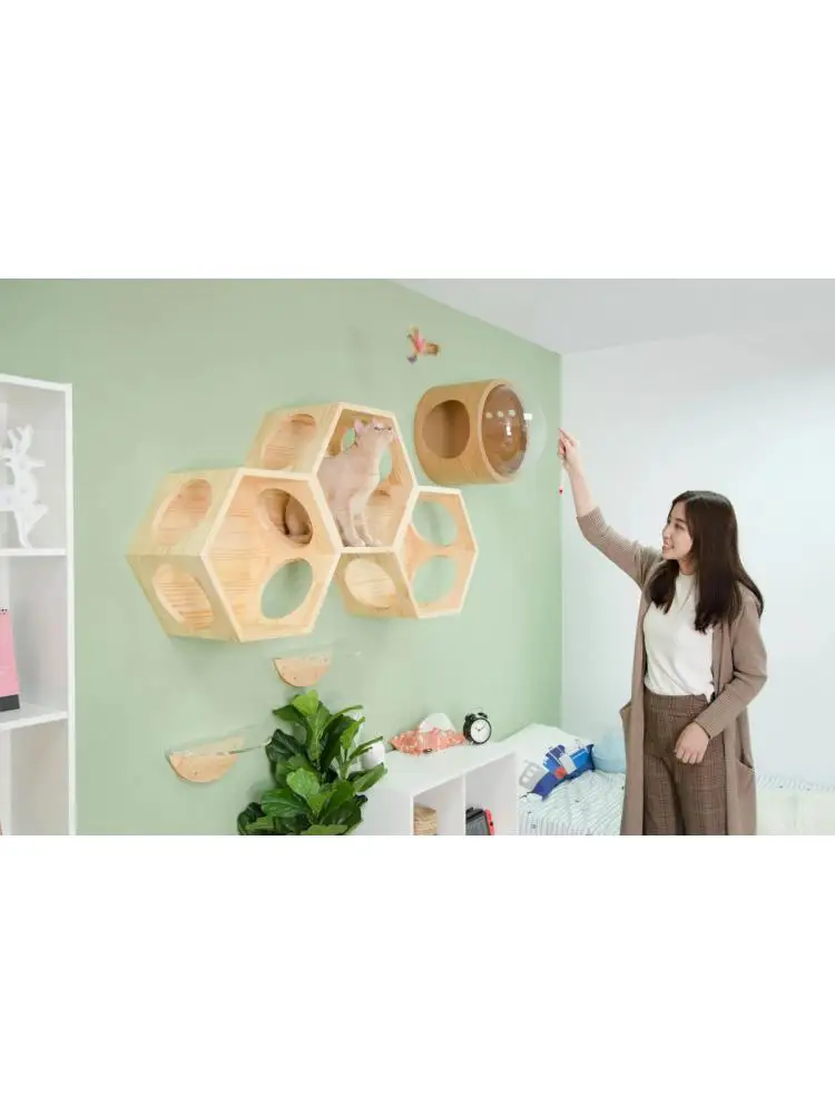 Wall-Mounted Solid Wood Cat Climbing Frame, Warm and Luxurious Wooden Space Capsule, Transparent and Breathable