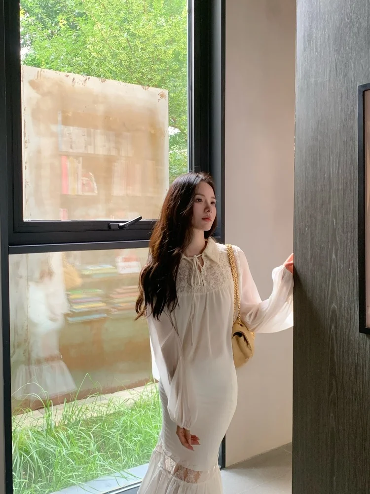 

Wcouture Original Long Sve Crystal Lace Embroidery Hollow out Splicing Double Layered Chiffon irt Cover up