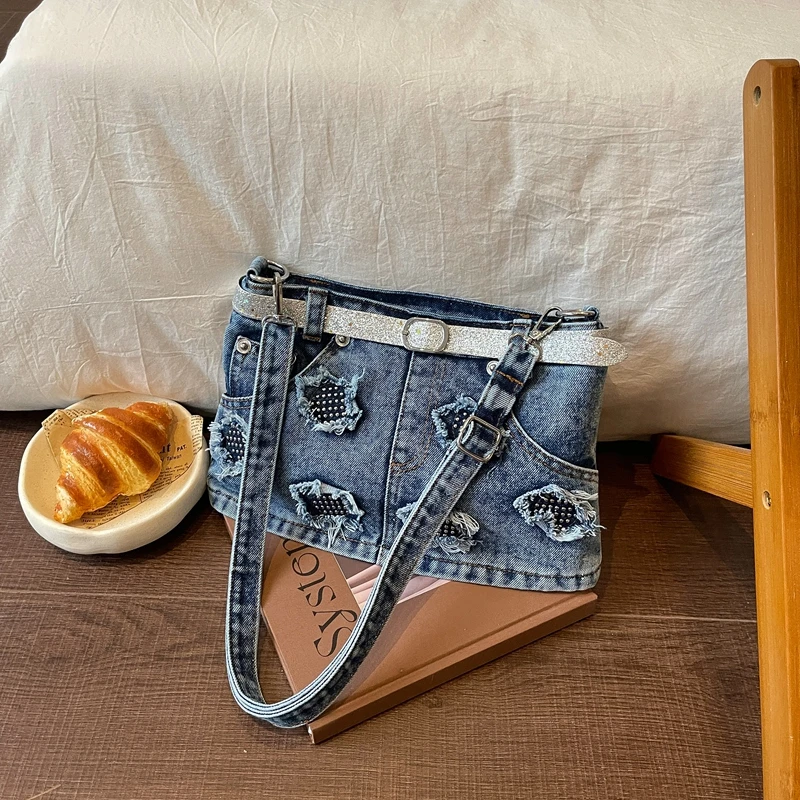 Creative Denim Skirt Shape Crossbody Bag Women Y2K Vintage Distressed Jean Messenger Bag Fashion Unique Casual Shoulder Handbag