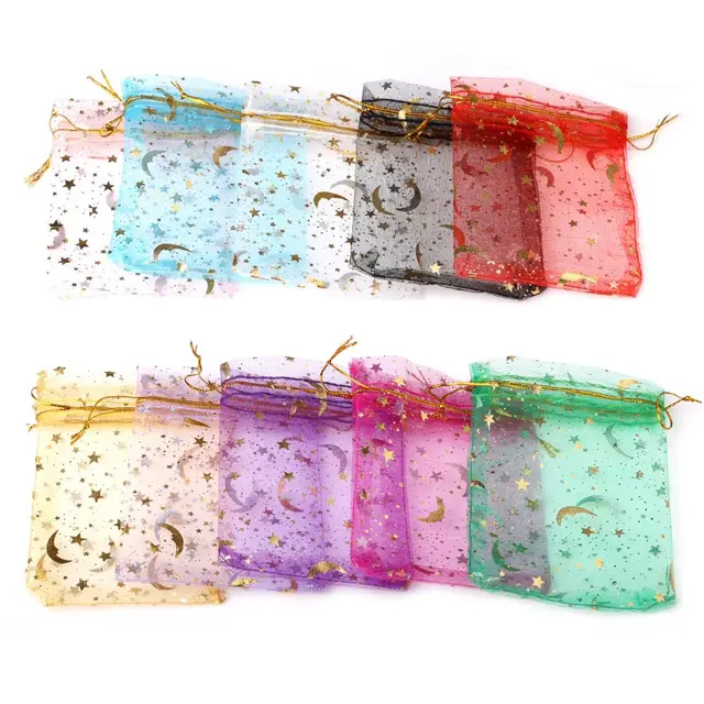 50 sztuk 9x12cm gwiazda księżyc boże narodzenie Organza torby na prezenty urok opakowanie na biżuterię torby ze sznurkiem i woreczki hurtowo