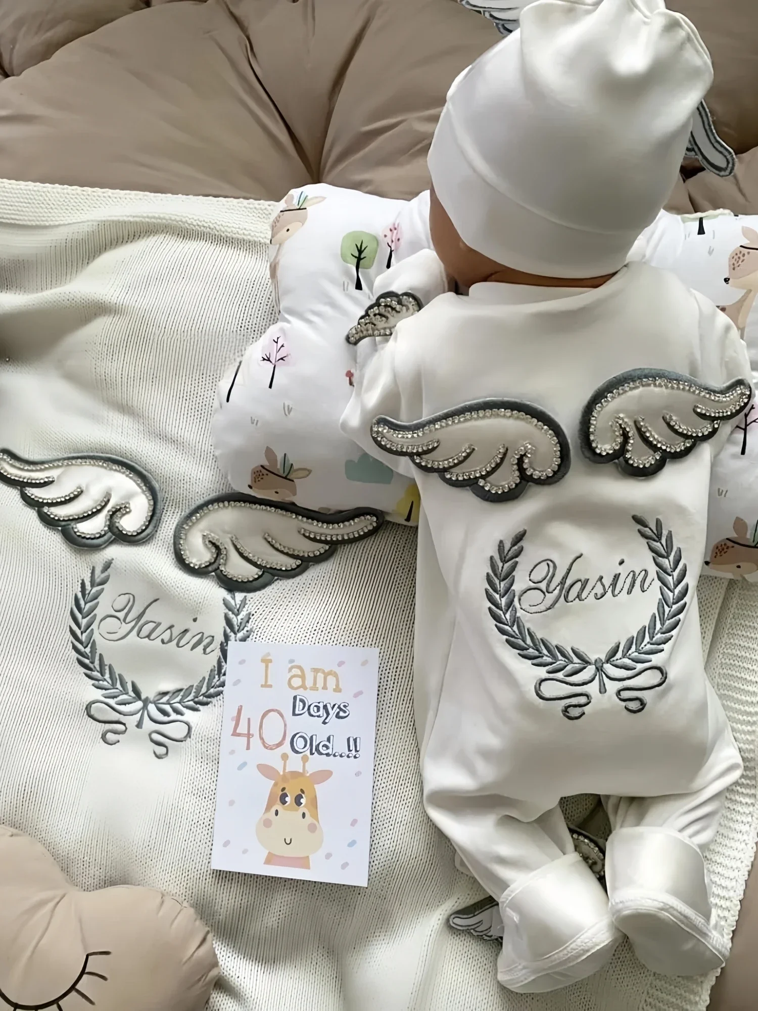 Personalized Name Baby Coming Home Outfit Angle Wing Infant Cotton Romper Onesie Blanket Pregnancy Embroidery Laurel Tree Gift