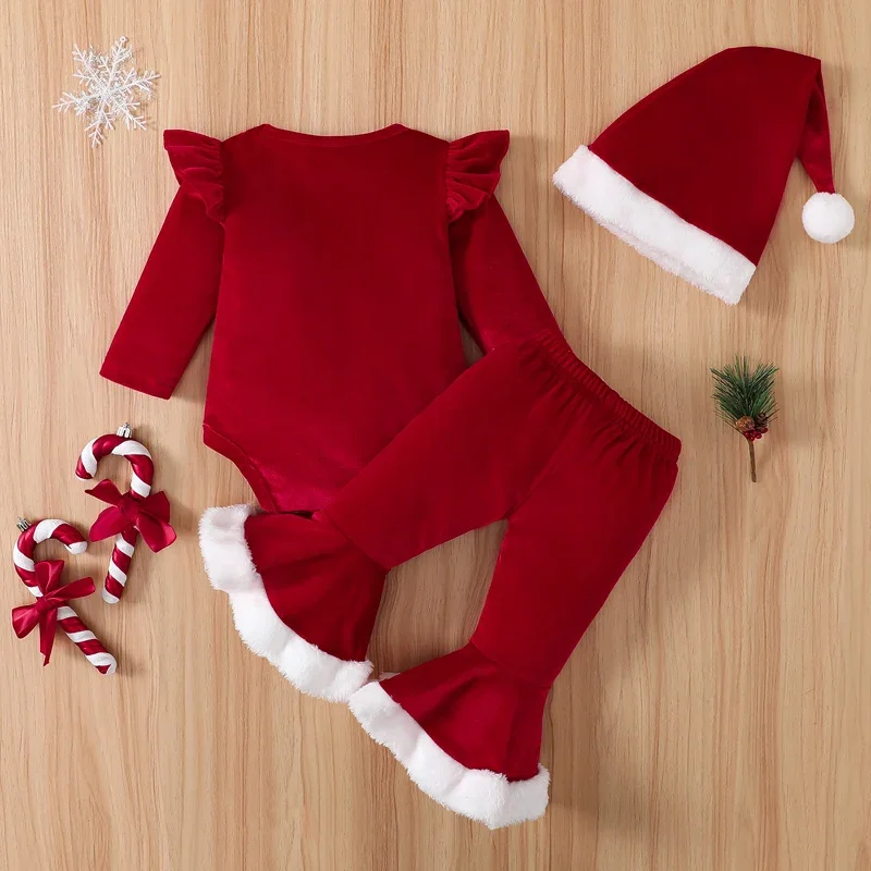 Infant Baby Girl Christmas Romper Set Long Sleeve Round Neck Ruffled Letters Print Jumpsuit Flare Pants Hat Baby Xmas Clothes