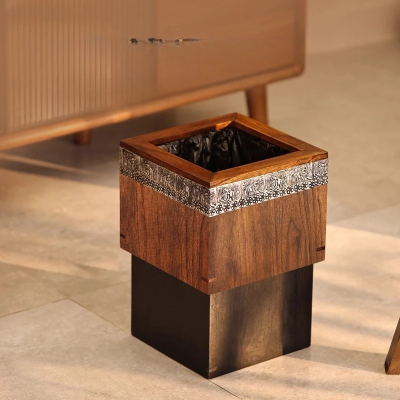 

Solid Wood Chinese Style Trash Can Large Capacity Waste Bin for Living Room Rustic Decor Elegant Home Office Paper Baskets