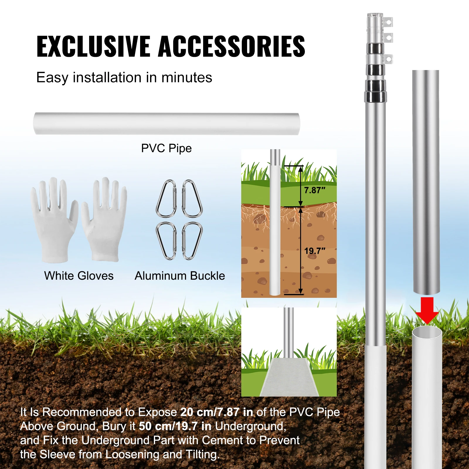 20FT Silver Telescoping Flag pole Kit, Heavy Duty Aluminum Alloy in Ground Flag Poles for Outside, 3 Display Modes Flagpole with 3x5 American Flag view 3