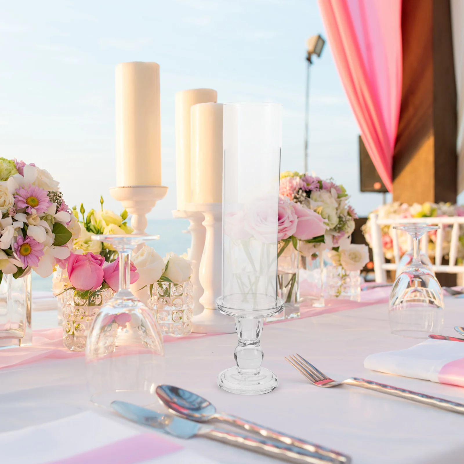 

2Sets Glass Candlestick Holders Transparent Material Sturdy Design Romantic Dinners Indoor Outdoor Occasions Home Decor