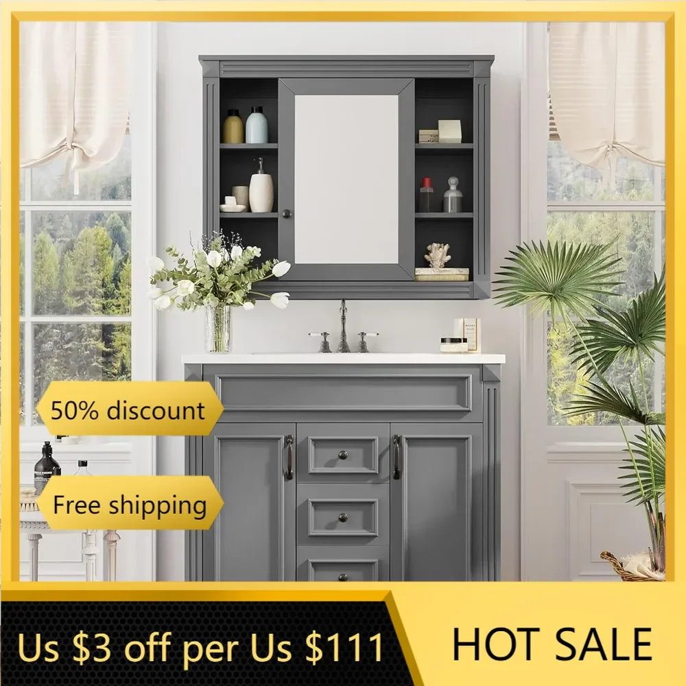 

36" Bathroom Vanities with Matching Medicine Cabinet&Single Sink, Modern Undermount Bathroom Sink Cabinet with 3 Closing Doors