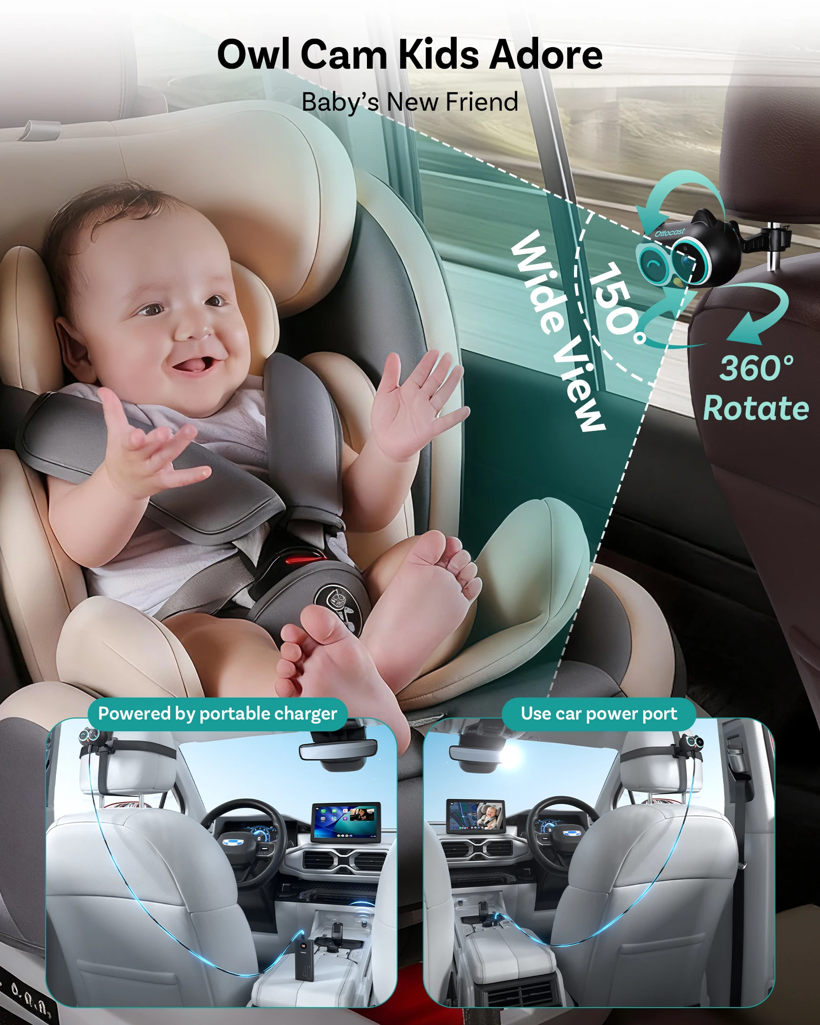OTTOCAST Cabin Care Wired to Wireless Carplay Adapter Baby Car Camera HD 1080P 150° Wide Angle Night Vision Back‑Seat Monitor view 3
