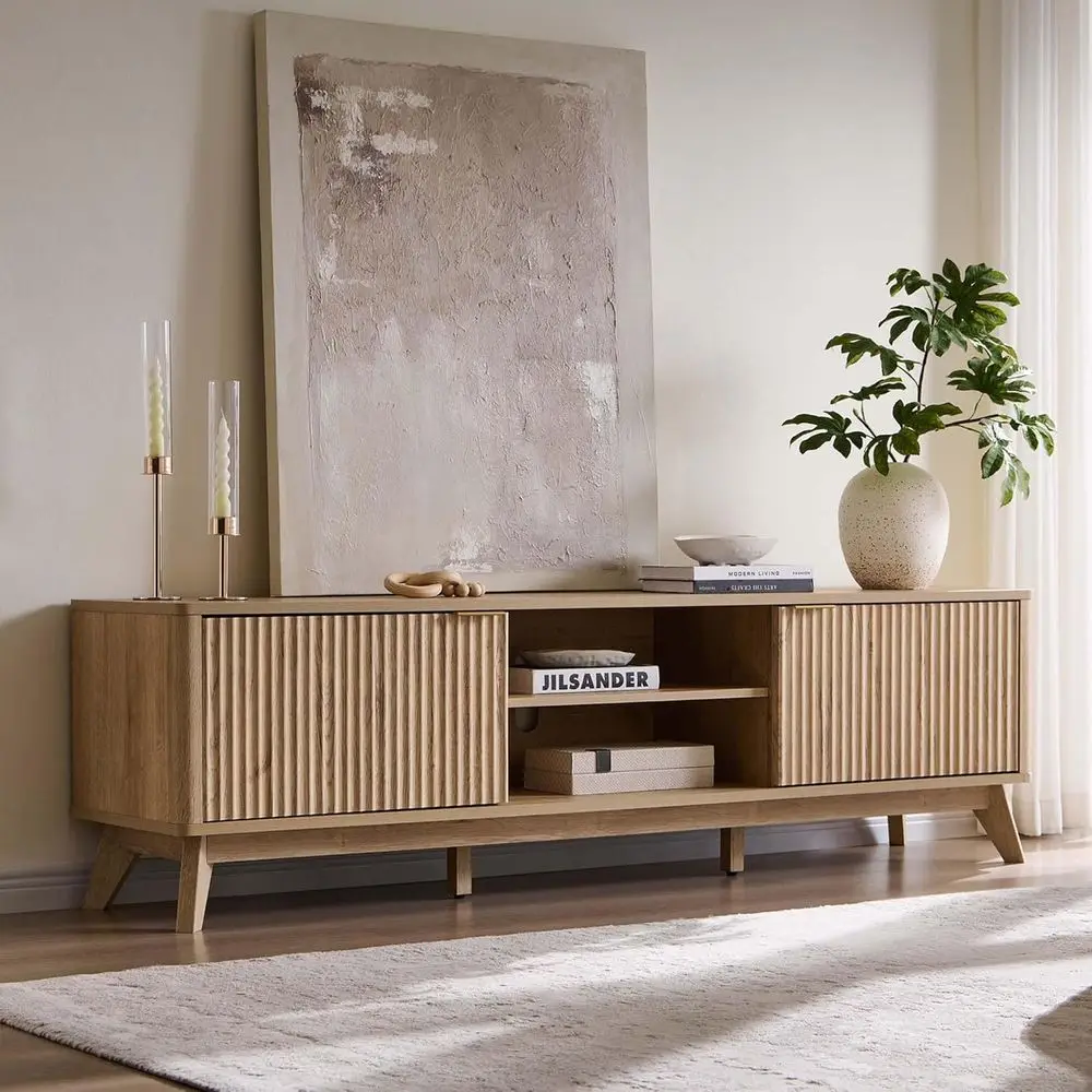 70Century ern luted TV Stand w/ 2 Sot CloDoor,Natural Oak | Entertainment Center, Sideoard, Media ole or Living Room with Adjust