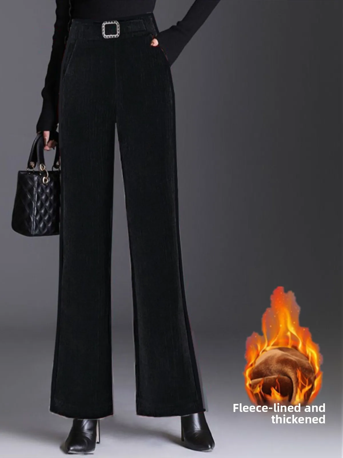 Thiened Fce Gevoerde Corduroy Dames Wijde Pijpen Broek Hoge Taille Afslankende Casual Broek Herfst Winter Faion Plus Size