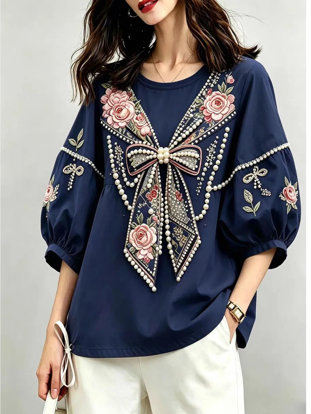 Fashionable European Style Original Design Summer New High End Glitter Women's T-shirt Creative Commute Style Loose Fit Bubbl...