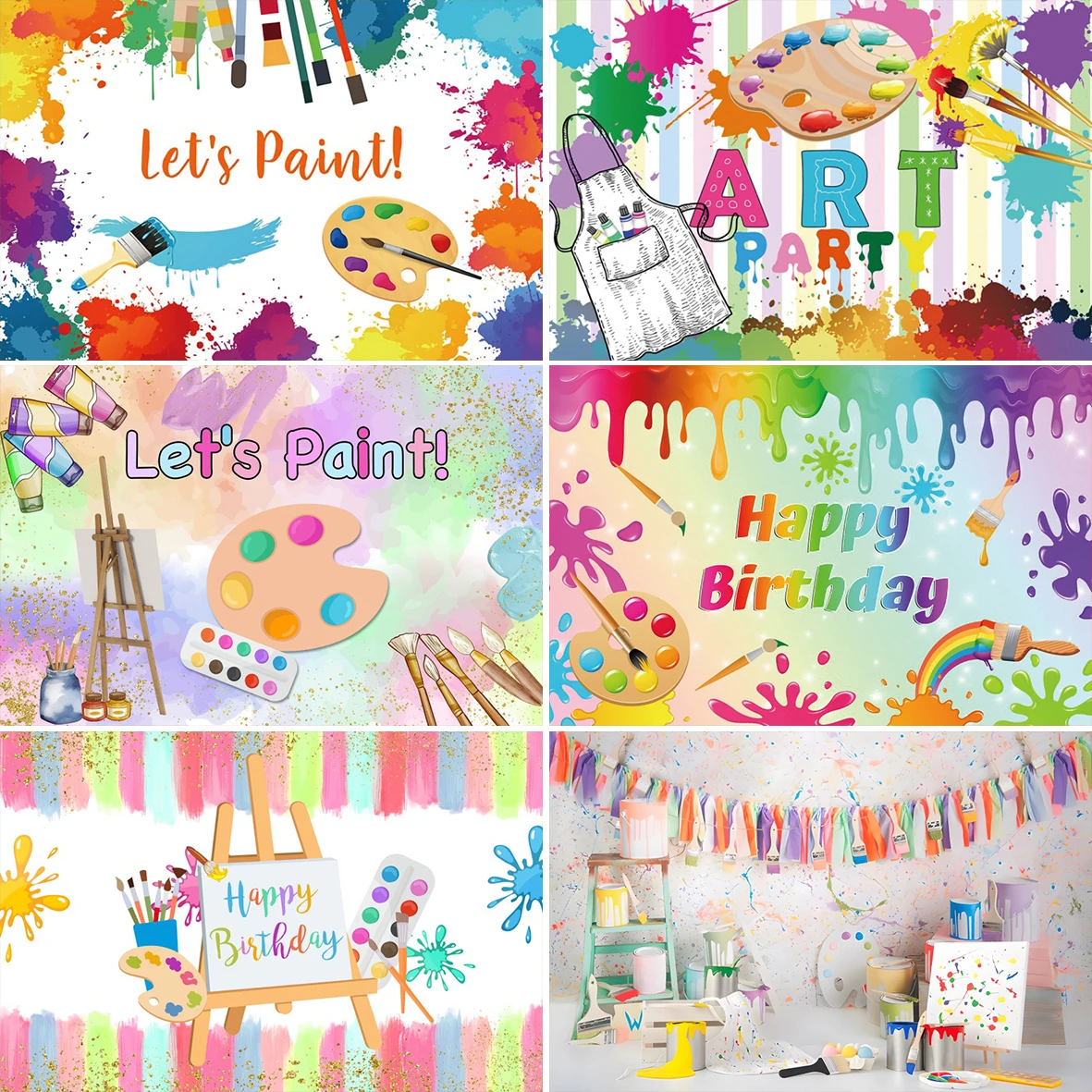 Let's Paint Party Backdrop Watercolors Painting Art Activity Kids Birthday Colorful Graffiti Brush Decor Photography Background