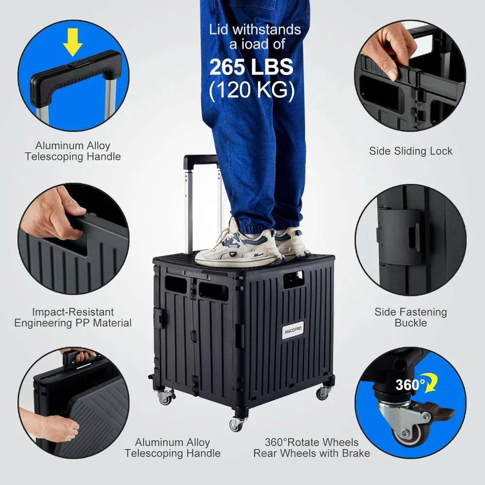 عربة أدوات قابلة للطي مع غطاء، 4 عجلات دوارة، فرامل وتصميم قابل للطي للبقالة والمكتب والأمتعة #3