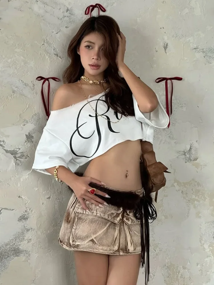 Inclined Collar Oversized T Shirts For Women Summer Clothing Letter Print Crop Top Y2k Accessories Short Sleeve Tshirt Camisetas