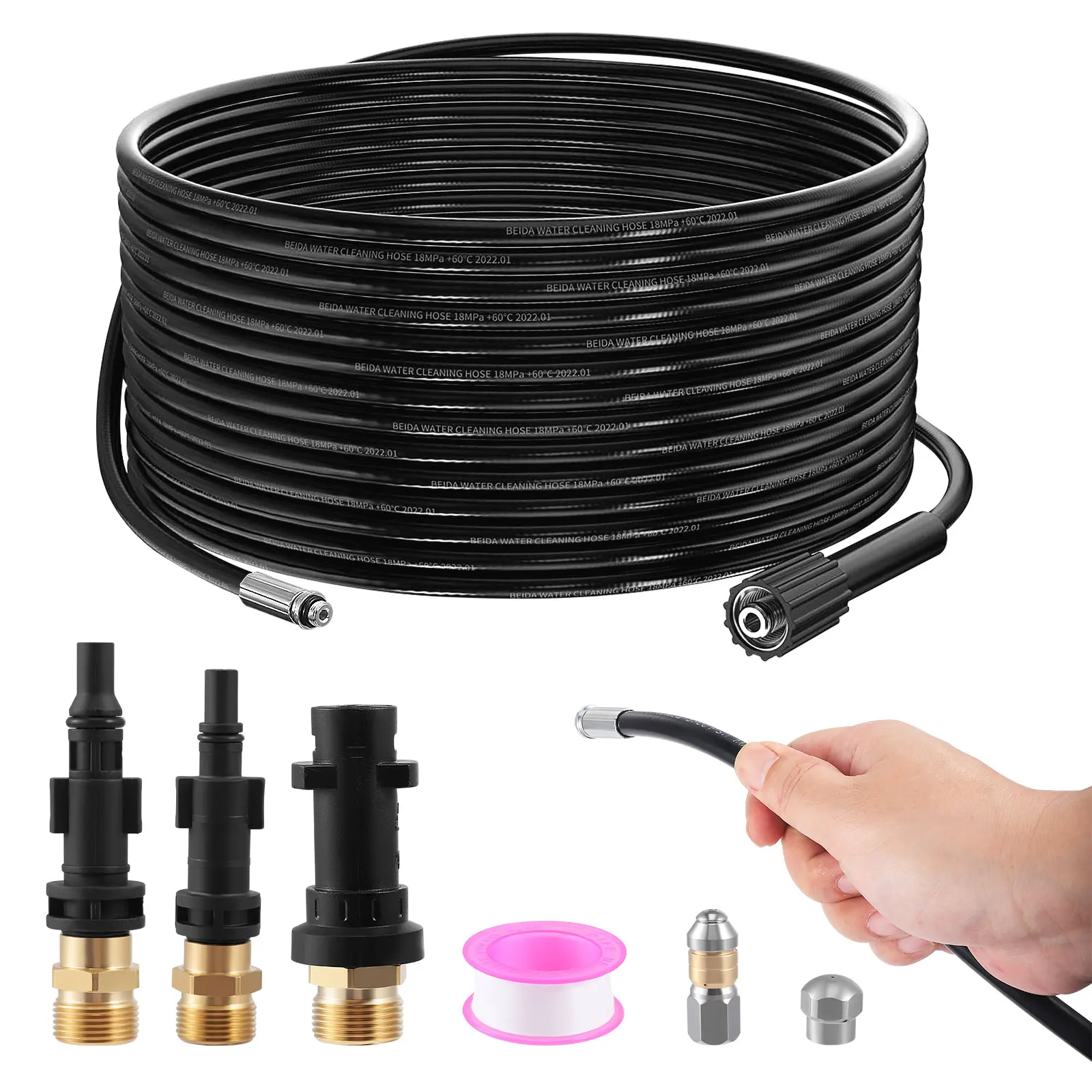 15m High Pressure Washer Pipeline Pipe Cleaning Hose Set Sewer Drain Cleaner Hose for Karcher K2-K7 Lavor Bosch Parkside
