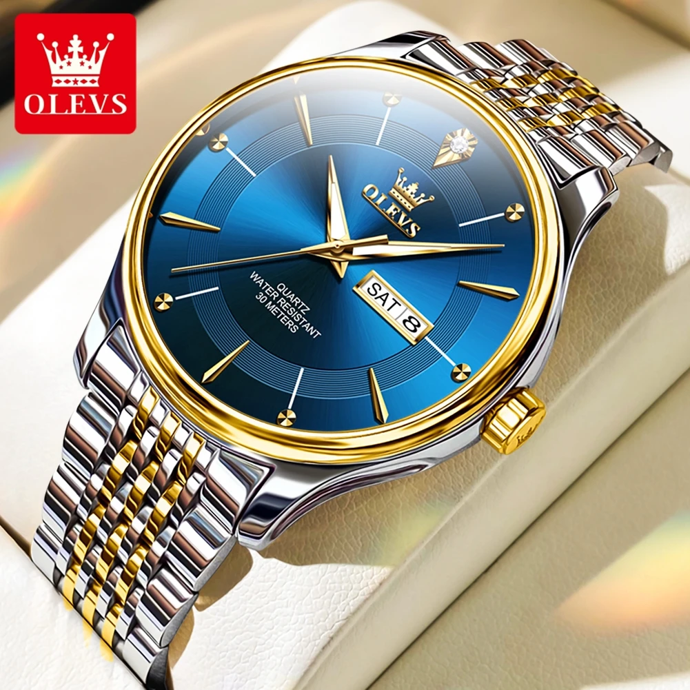 

OLEVS Brand Fashion Blue Quartz Watch Men Stainless Steel Waterproof Luminous Week Date Business Mens Watches Relogio Masculino