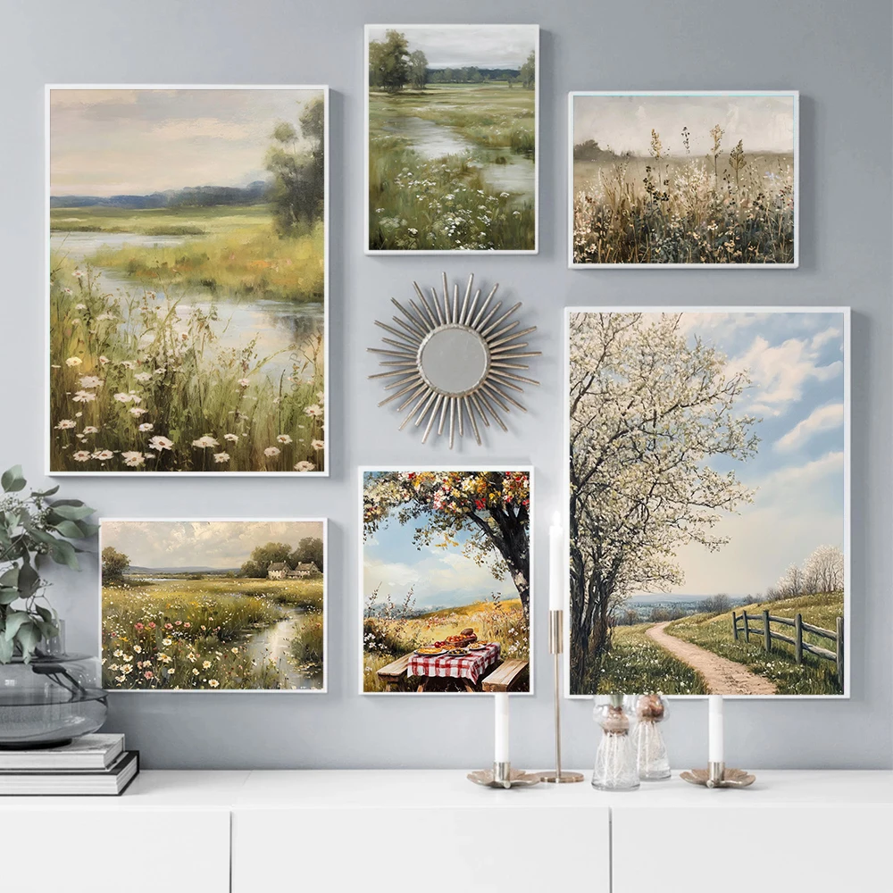 Vintage Ländlicher Bauernhof Wildblumenfeld Landschaft Kunstdruck Leinwanddruck Wohnzimmer Schlafzimmer Heimdekoration Geschenke