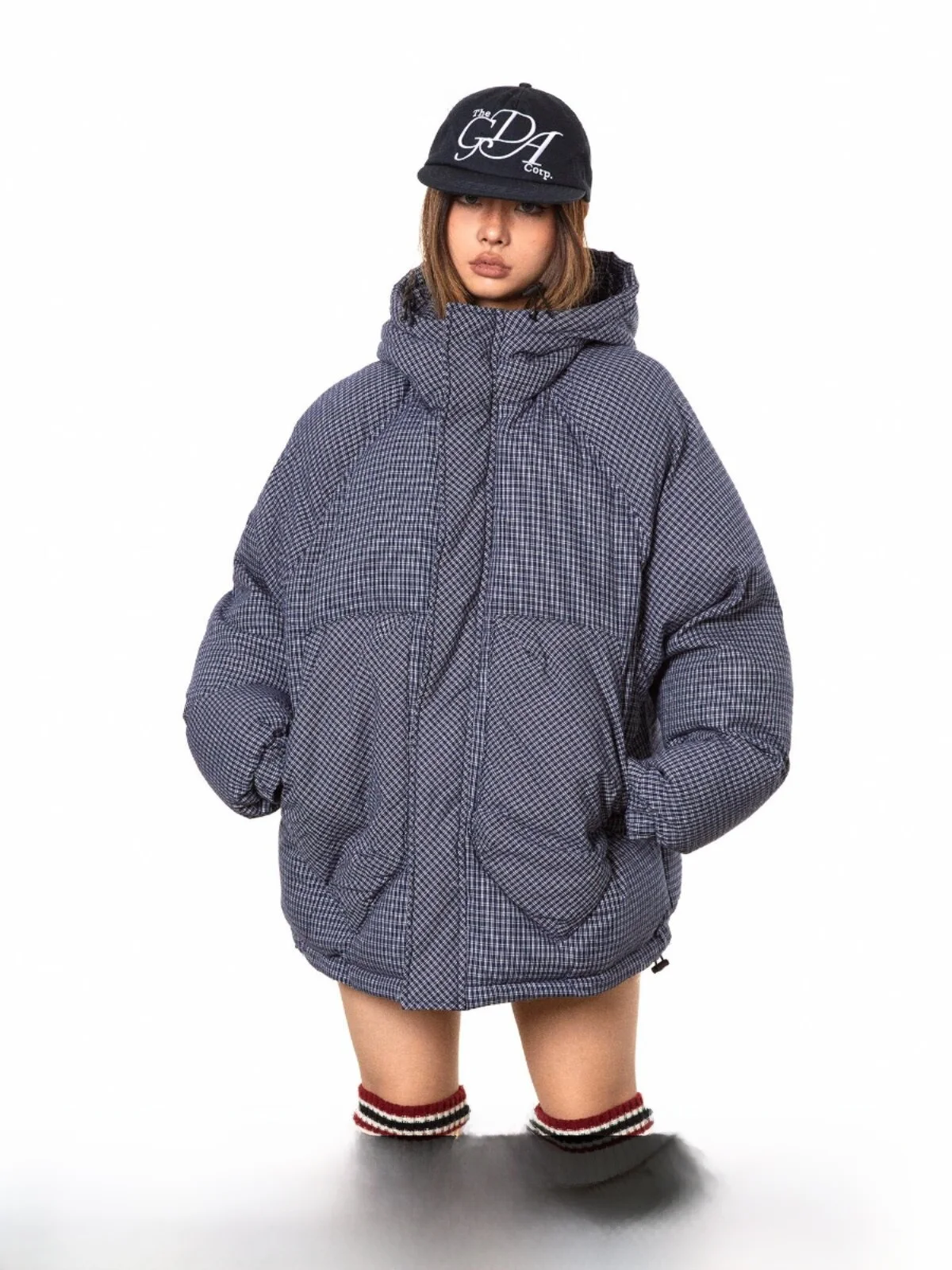 

American Retro Thiened Cotton Jaet Basic Hooded Plaid Loose Outerwear Women's Streetwear Punk Sle Winter Coat