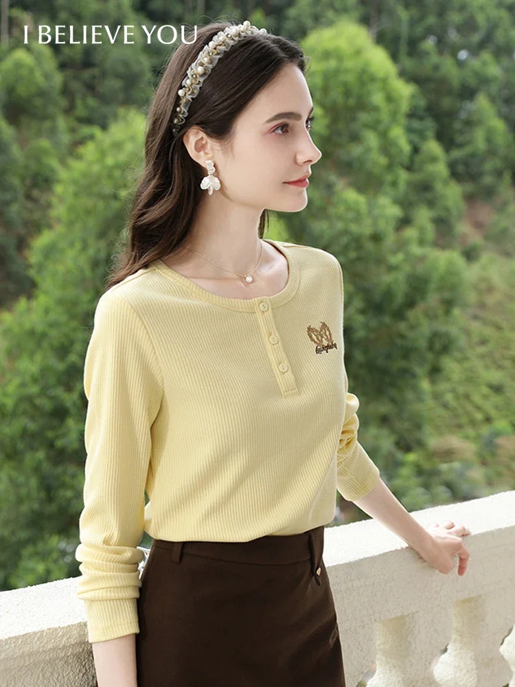 I BELIEVE YOU Yellow Butterfly Embroidery Knitting Elastic Base Shirt Fall Clothes 2024 Women Long Sleeved Shirt 2244015822