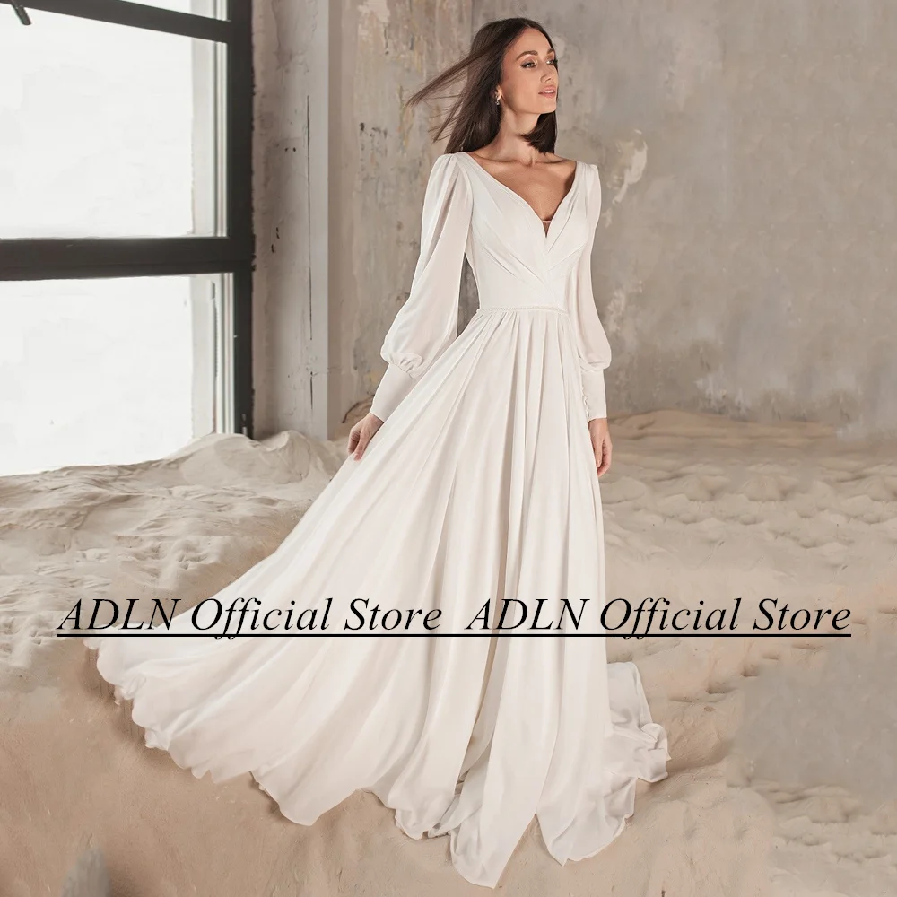 

ADLN Summer Beach Wedding Dress New Arrival V Neck Puff Sleeve Pleat Sweep Train Chiffon A Line Bridal Gown for Bride 2023