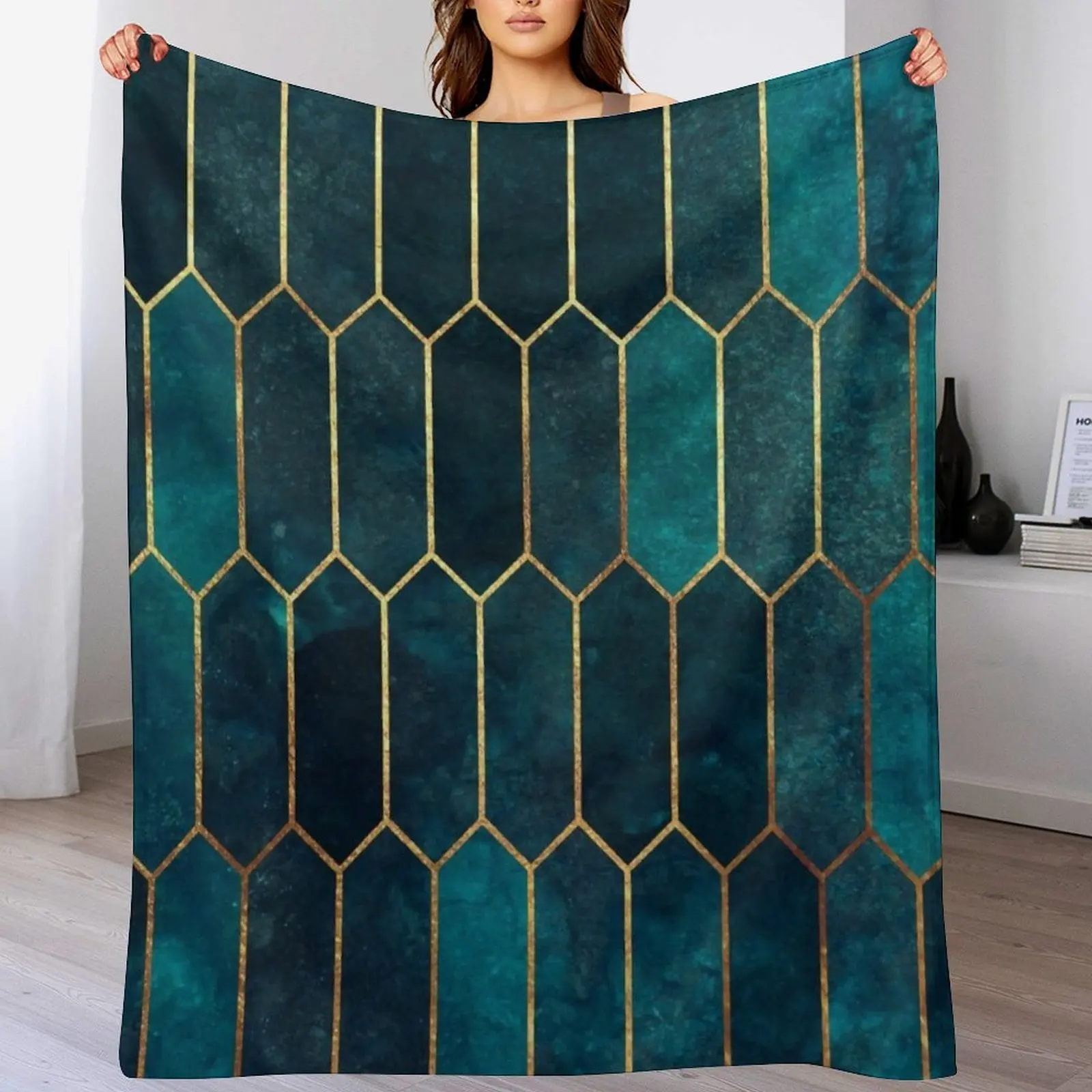 

Deep Teal and Blue Gold Pattern Throw Blanket Soft Warm Blanket Gift for Grandparents