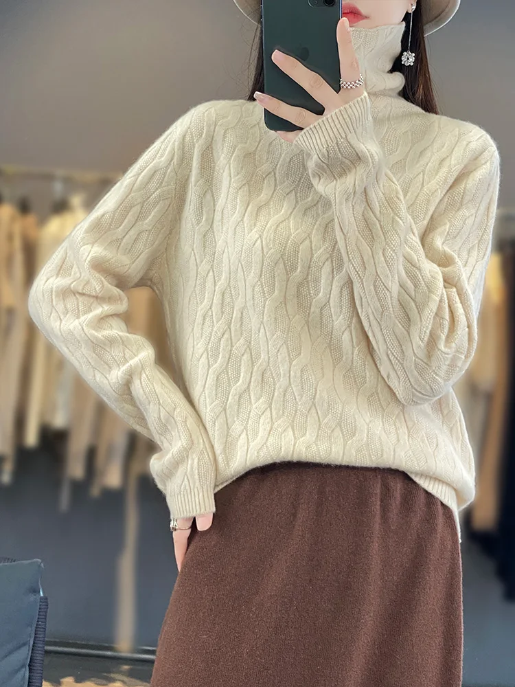 Autumn Winter Women Sweater 100% Merino Wool Long Sleeves Turtle Neck Casual Warm Cashmere Knitted Jumper Female Clothing Tops