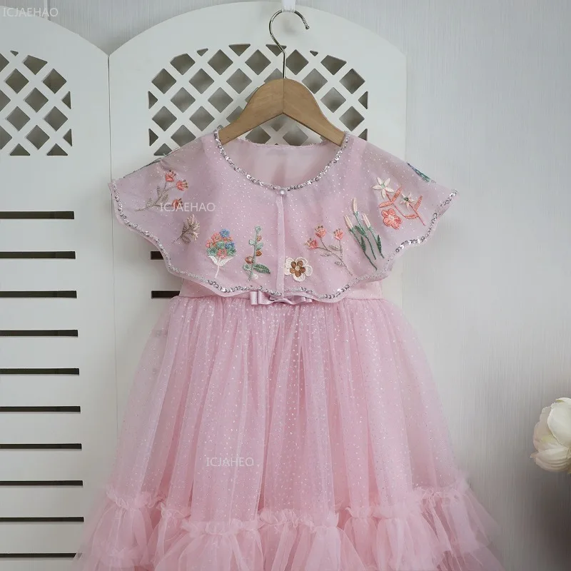 Girls Spaghetti Strap Puffy Tulle Tiered Dress Children Princess Ball Gown with Cape for Birthday Party Pageant Evening Wear