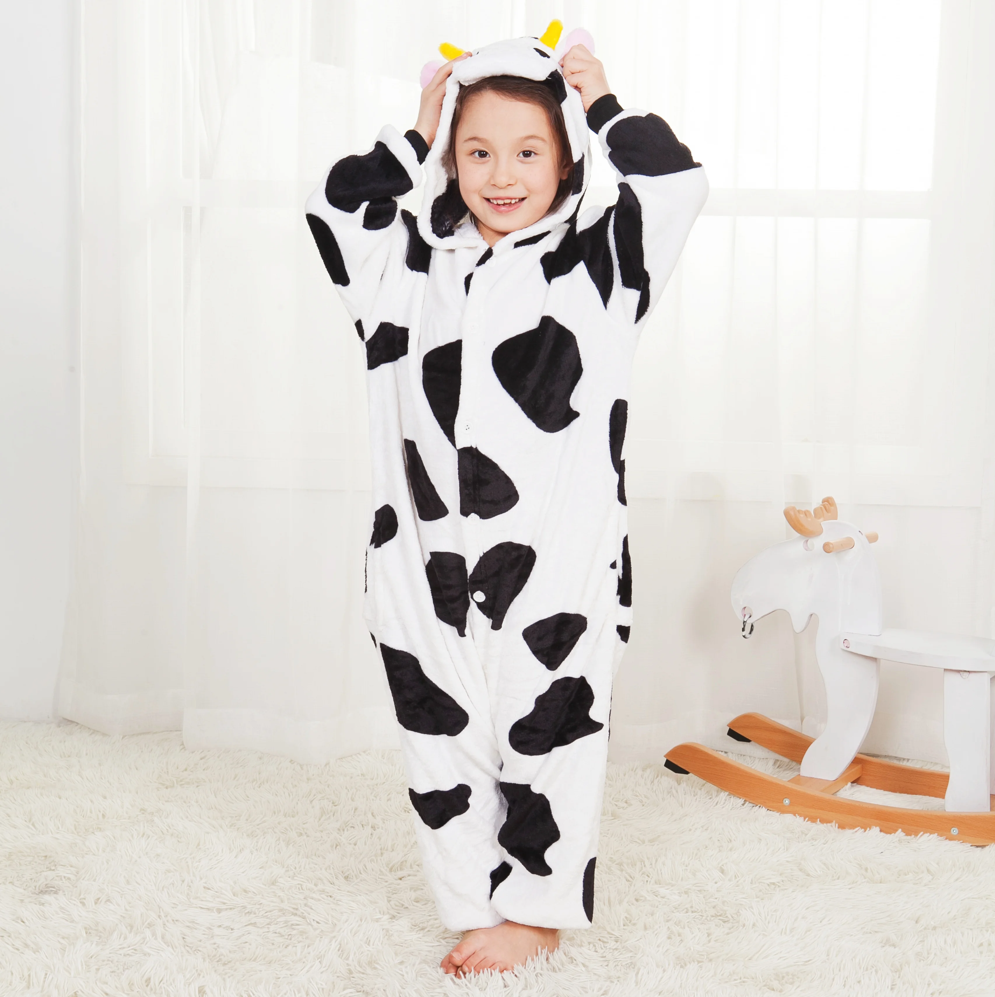 Children's One-Piece Sleep Suits Kids Cute Cow Flannel Cartoon Animal Pajamas Halloween Christmas Performance Onesies Costumes