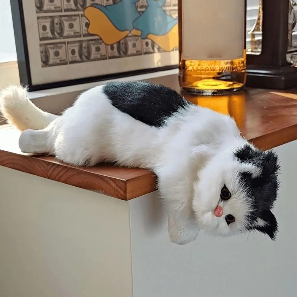 Realistic Hanging Cat Figurine Soft Climbing Cat Ornament Lifelike Striped Cat Desk Cabinet Car Edge Decor With Non-Slip Sticker
