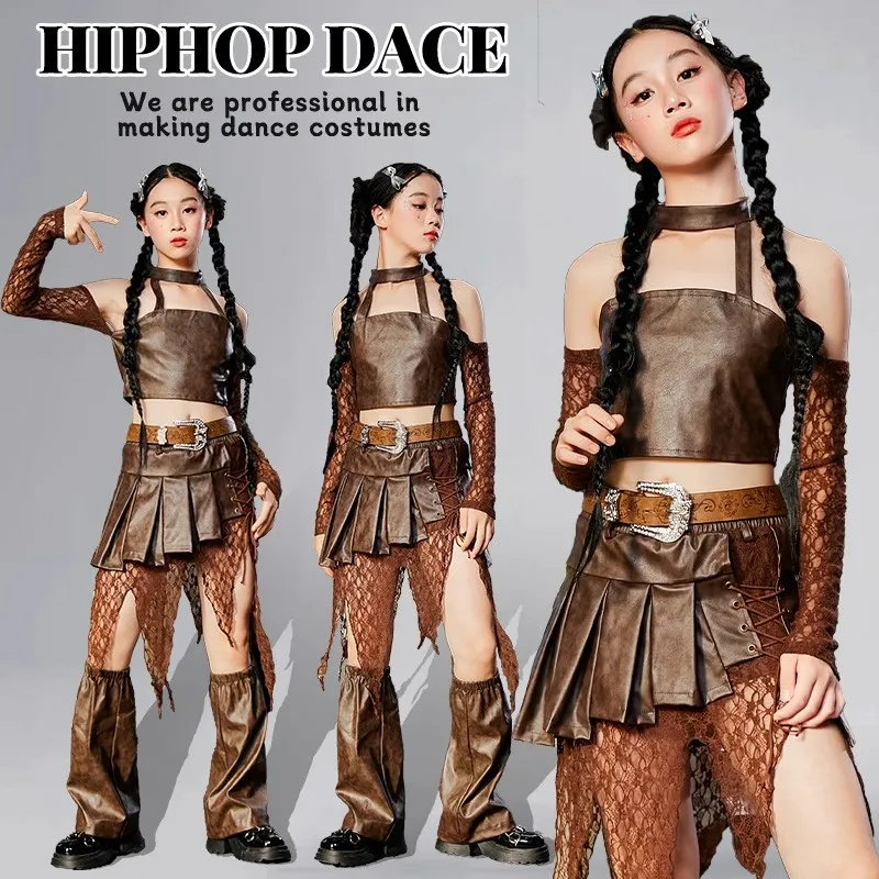 

Children Hip Hop Dance Costumes For Girls Lace Sleeve Leather Top Skirts Suit Fashion Jazz Dance Festival Stage Clothes