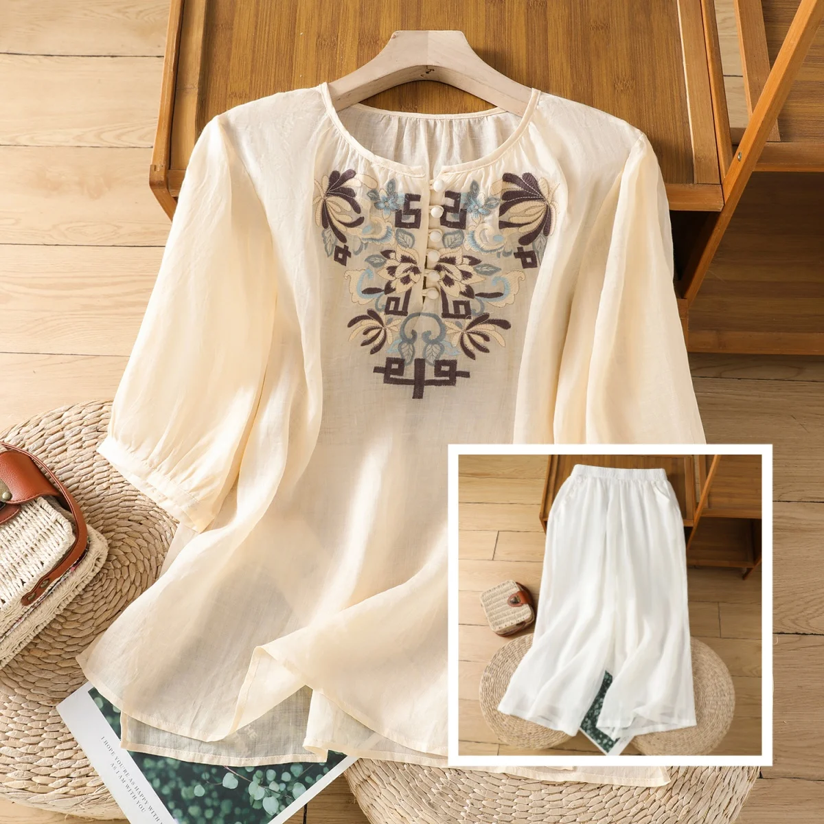 

New Chinese Style Women's Outfit Cotton Linen Embroidered Loose Casual Pants Two Piece Set Comfortable Breathable Long Sleeve