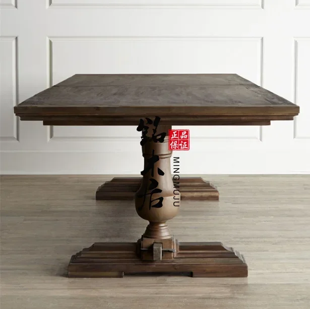 

American solid wood dining table rectangular retro furniture neoclassical carved dining table