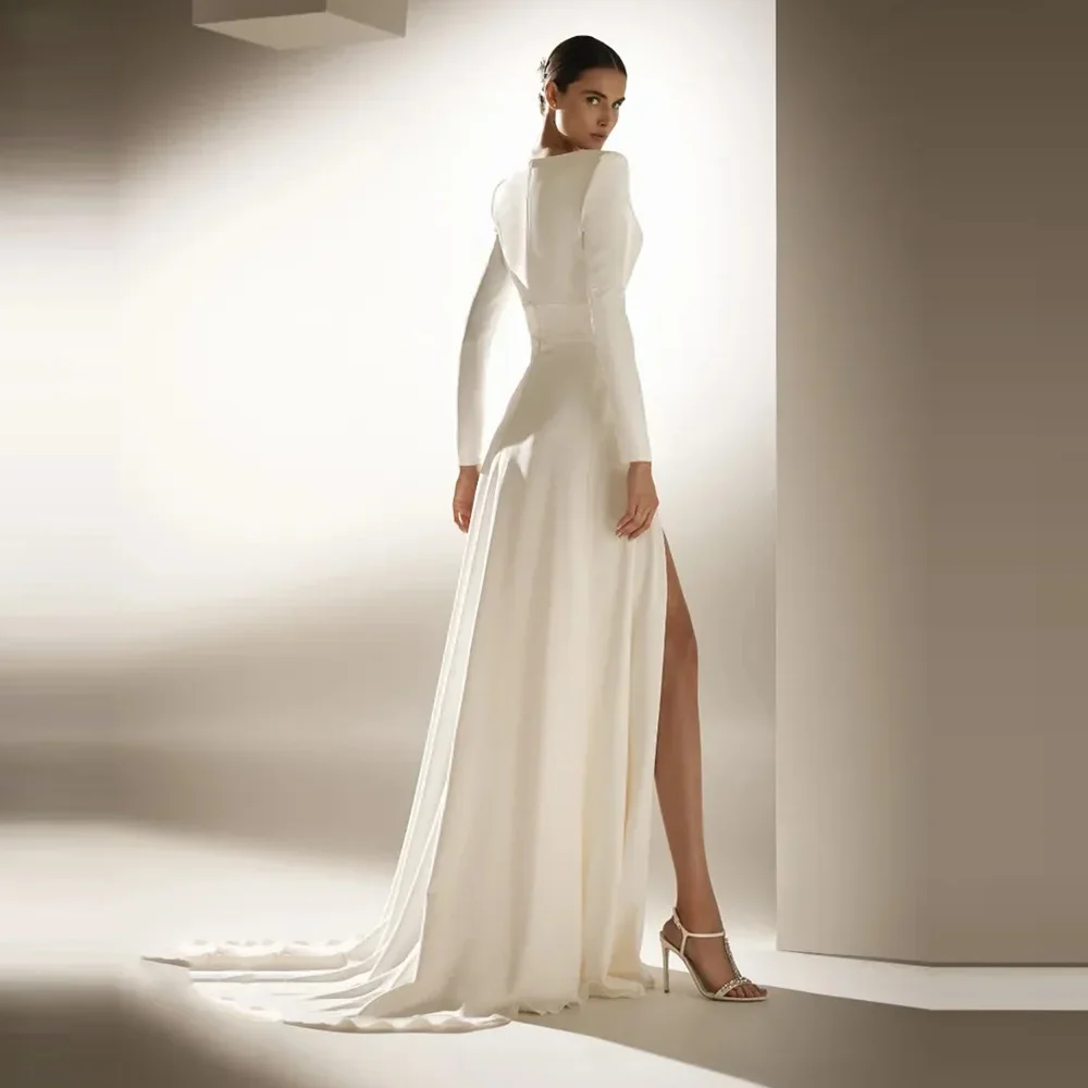 Flavinke-Robe de Mariée Trapèze Simple en Satin, Décolmétrage en V Profond, Manches sulf, Fente Haute sur le Côté, Bal Éducatif