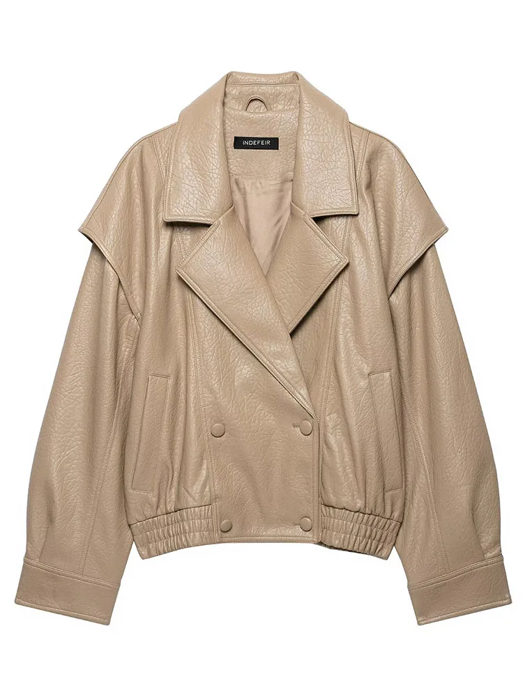 HH Autumn Winter Faux Leather Bomber Jacket For Women's Double Breasted Lapel Oversized PU Coat Female Casual Elastic Hem Street