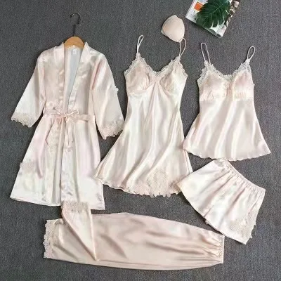 TXii Leepwear Female 5PCS Pajamas Set Satin Pyjamamas Lace Patchwork Bril Wedding Nightwear Rayon Home Wear Nighty&Robe Suit