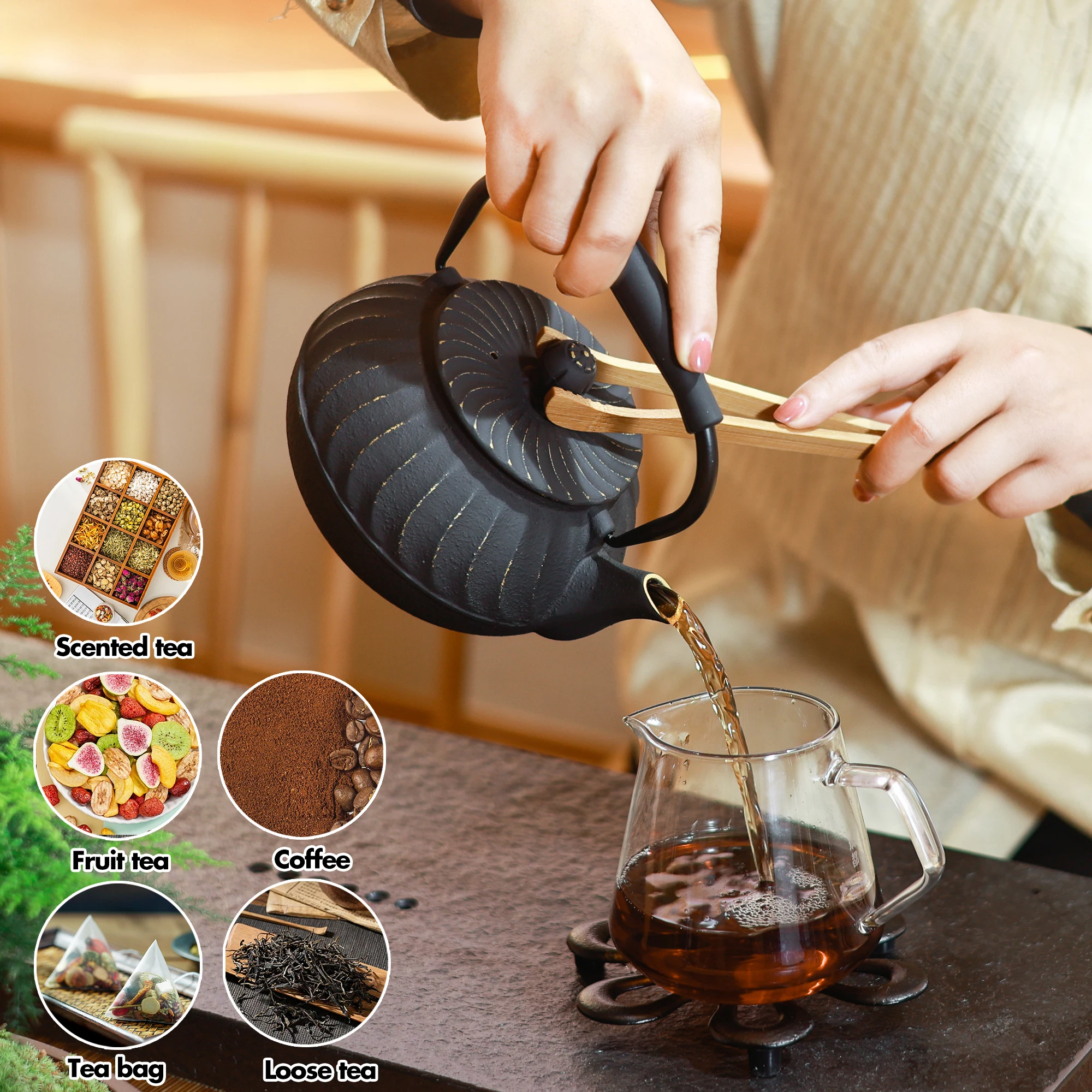Cast Iron Teapot with Infuser,  Wave Design Cast Iron Teakettle Coated with Enameled Interior for 24oz (700ml), Green