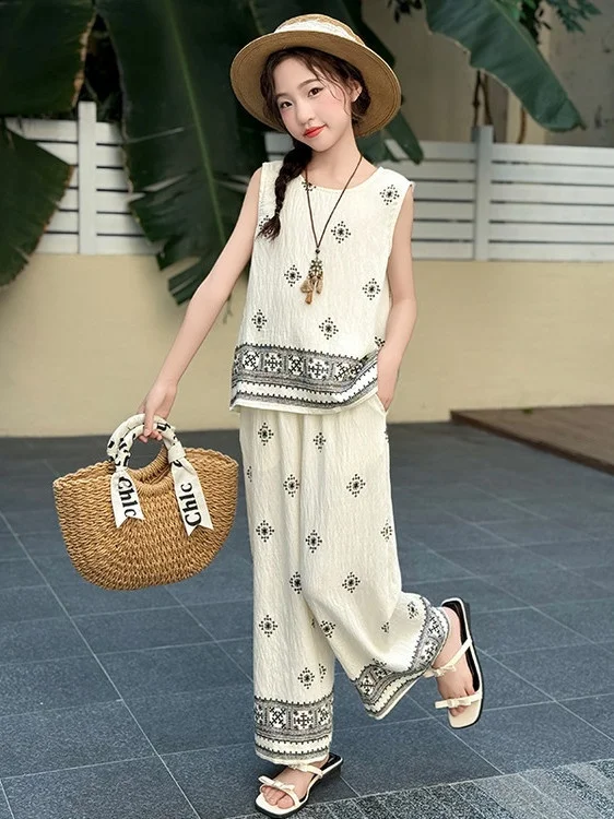 女の子の夏ファッショナブルなツーピースセットエスニックデザイン多用途スリム韓国スレ子供服ロングスベスタンドカラー