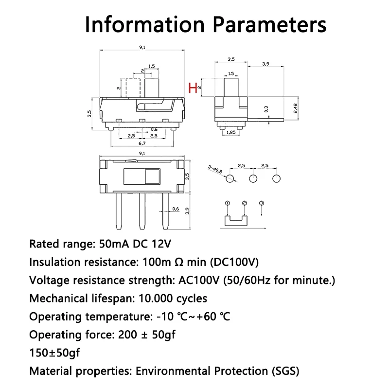 50PCS MSS-12D19 (Side Three Pin ) Side Inserted Small Toggle Switch 1P2T DC 12V 50mA 3-Pin 2-Speed Power Sliding 3.5 * 9