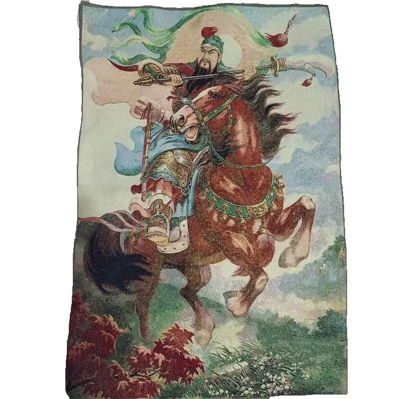 Chinese Traditional Old Brocade Embroidery Wall Painting Portrait of Guan Gong Riding a Horse Art Decorative Scroll